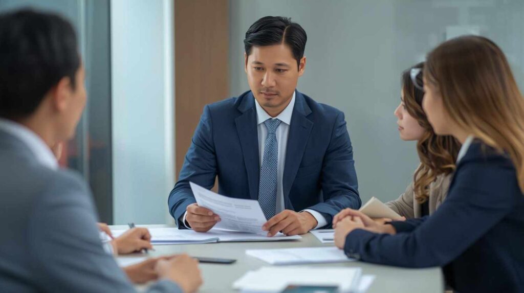 Corporate tax risk management strategy session with executives reviewing compliance reports