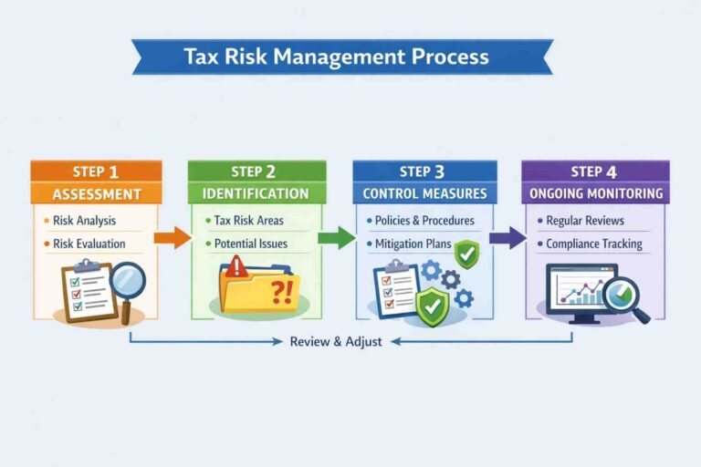 Corporate tax risk management framework showing assessment identification control and monitoring process
